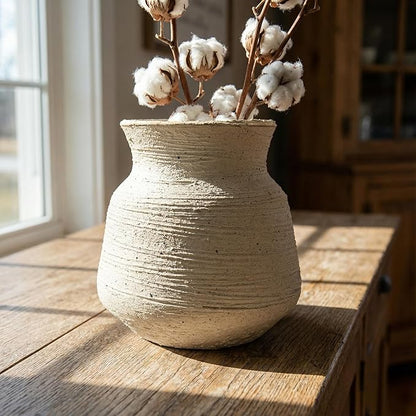 Rustic Wide Mouth Ceramic Flower Vase for Home Decor,Handmade Vintage Stoneware Clay Pottery Terracotta Textured for Modern Farmhouse, Living Room, Office Desk Table Shelf(Beige White) 6IN