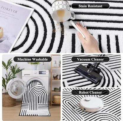 SHACOS Soft Cozy Fluffy Arch Pattern High Low Pile Rugs 3'x5' Non Slip Washable Scandinavian Minimalist Rug Modern Geometric Arc Carpet for Living Room Bedroom Dining Room, Black White