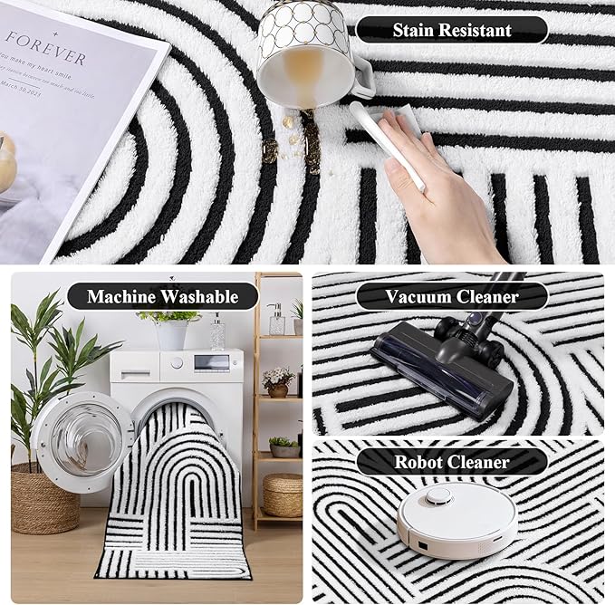 SHACOS Soft Cozy Fluffy Arch Pattern High Low Pile Runner Rugs 2'x6' Non Slip Washable Rug Runners Modern Geometric Arc Carpet for Bedroom Bathroom Hallway, Black White