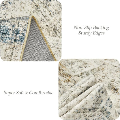 5x7 Area Rugs Blue Ivory Low Pile Indoor Washable Trendy Faded Style Rugs for Bedroom Living Room Dining Room Foldable Non-Slip Thin Print Mat