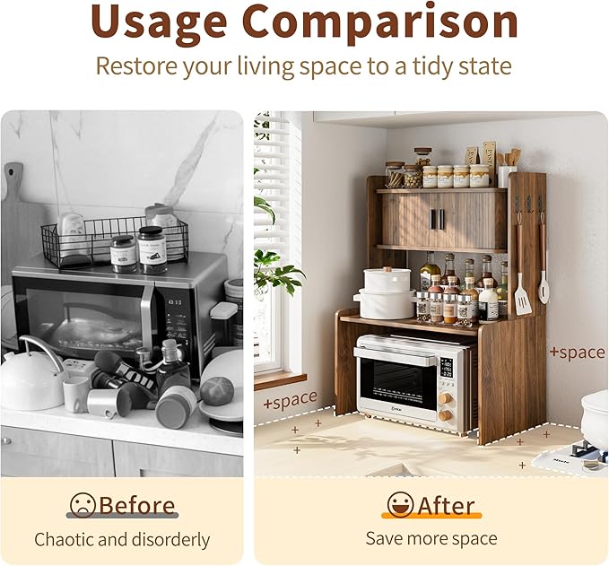 Microwave Stand with Storage, 31 x 23 Inch Mid Century Modern Kitchen Countertop Organizer, Over Fluted Microwave Counter Shelf Rack with Sliding Door, Space Saving, Wooden, Walnut