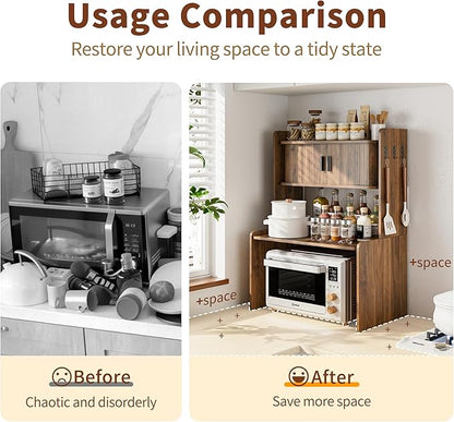 Microwave Stand with Storage, 31 x 23 Inch Mid Century Modern Kitchen Countertop Organizer, Over Fluted Microwave Counter Shelf Rack with Sliding Door, Space Saving, Wooden, Walnut