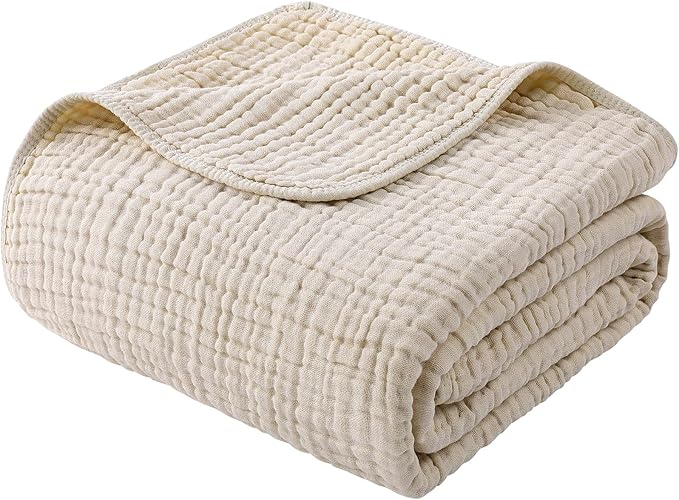 Yoofoss Muslin Blanket 100% Organic Cotton Throw Large 90" x 90" for Bed Couch Summer Gauze Blanket for Adults Lightweight and Breathable Apricot White