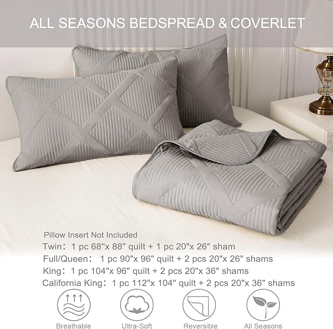 Exclusivo Mezcla Quilt Set Twin Size, 2 Pieces Light Grey Twin Quilt Bedding Set, Lightweight Quilts Soft Bedspreads Modern Striped Coverlets for All Seasons