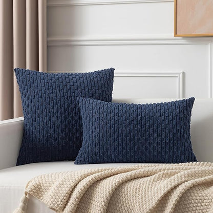 Kevin Textile Pillow Covers Decorative Set of 2 Striped Corduroy Plush Velvet Pillowcases Cushion Cover for Couch 18x18 Inch Navy Blue