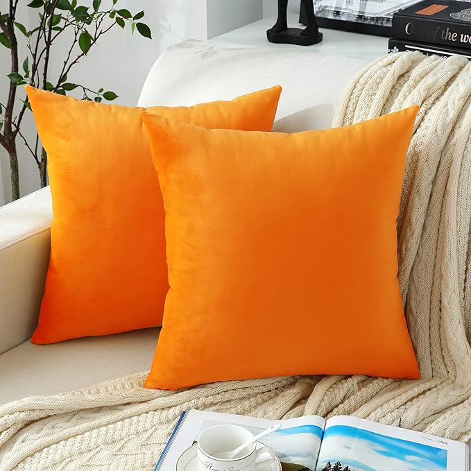 Jeneoo Fall Velvet Throw Pillow Covers 16x16 Inch 2 Pack, Super Soft Thick Decorative Square Cushion Cases for Sofa Couch Bedroom Car, Orange Yellow