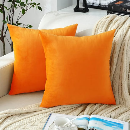 Jeneoo Comfy Soft Thick Fall Velvet Throw Pillow Covers for Sofa Couch, Decorative Solid Square Cushion Cases for Bedroom Car (Orange Yellow, 18 x 18 Inches, 2 Pieces)
