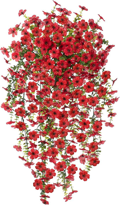 Artificial Hanging Flowers for Outdoors Faux Plants Decoration, 2 Packs Fake Silk Daisy Flower Realistic Outdoor Flowers UV Resistant Porch Patio Window Yard Outside Decor(Red)