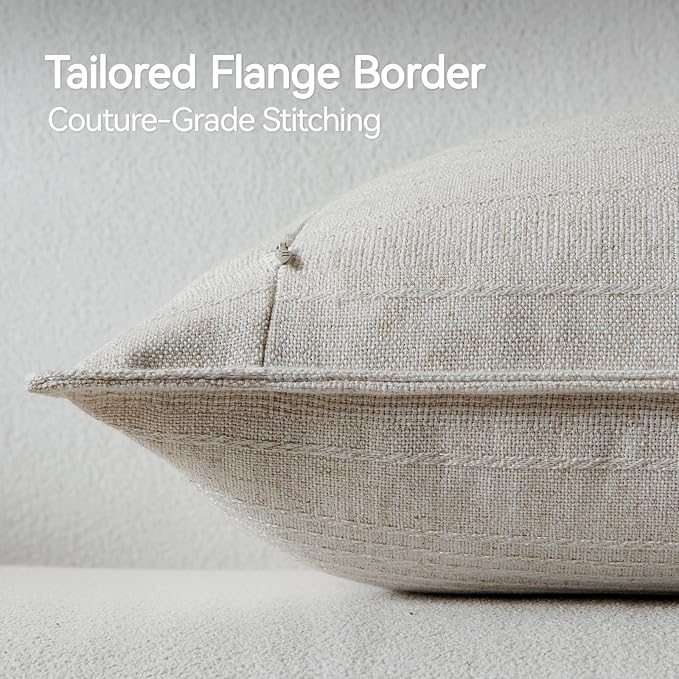 a moment Linen Pillow Covers Set of 2,Boho Farmhouse Throw Pillowcases Neutral Textured Decorative Covers for Couch Sofa Bed,Soft Linen Blend Accent Case Cushion Living Room Home Decor 20"x12"Ivory