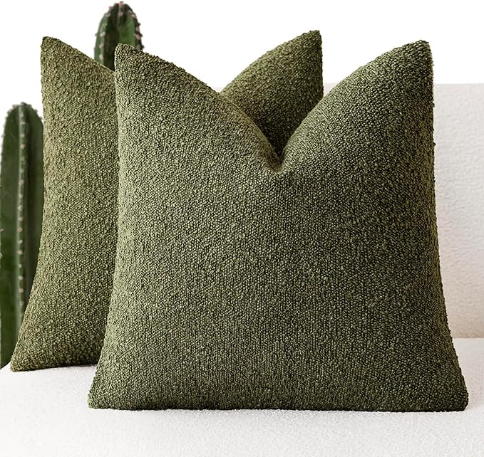 Foindtower Set of 2, Decorative Textured Boucle Throw Pillow Covers Accent Solid Pillow Cases Neutral Soft Cozy Couch Cushion Case for Chair Sofa Bedroom Living Room Home Decor 26x26 Inch Moss Green