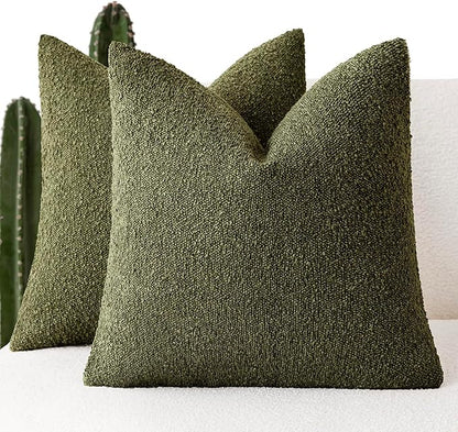 Foindtower Set of 2, Decorative Textured Boucle Throw Pillow Covers Accent Solid Pillow Cases Neutral Soft Cozy Couch Cushion Case for Chair Sofa Bedroom Living Room Home Decor 26x26 Inch Moss Green