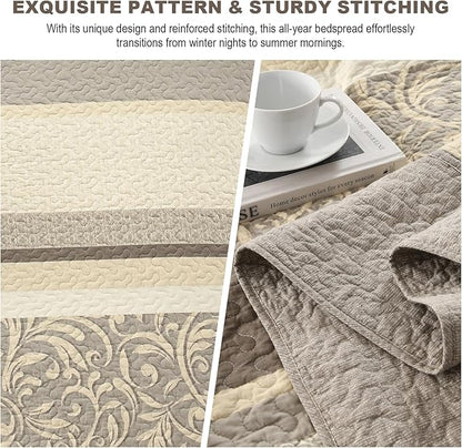 Lightweight Queen Bedspreads 120x102, 100% Cotton Oversized Quilt, Striped Botanical Pattern Coverlet, Reversible Farmhouse Quilted Bedding Set 3 Piece, Brown/Taupe/Cream