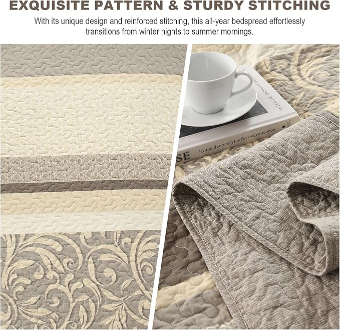 Lightweight King Bedspreads 120x120, 100% Cotton Oversized Quilt, Striped Botanical Pattern Coverlet, Reversible Farmhouse Quilted Bedding Set 3 Piece, Brown/Taupe/Cream