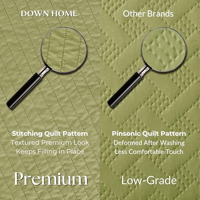 DOWN HOME Queen Quilt Bedding Set with Shams, Vintage Washed Soft Quilted Blanket Thin Comforter Lightweight Bedspread Coverlet Bed Cover, Brushed Microfiber Stripe Stitching, Golden Olive, 86"x90"