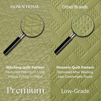 DOWN HOME Queen Quilt Bedding Set with Shams, Vintage Washed Soft Quilted Blanket Thin Comforter Lightweight Bedspread Coverlet Bed Cover, Brushed Microfiber Stripe Stitching, Golden Olive, 86"x90"