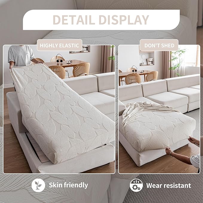 Couch Covers for Sectional Sofa, Washable Stretch Soft Sofa Cushion Covers L Shape Sofa Slipcovers Anti Slip Furniture Decor Protector for Pets (1PC L Chaise Cover,Ivory)