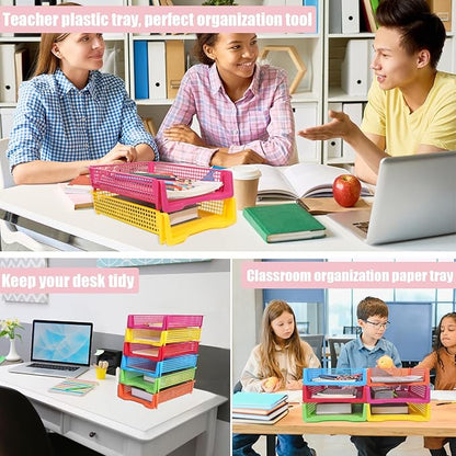 ZZYFGH 6 Pack Turn in Trays for Teachers, Plastic Classroom Paper Organizers, Colorful Storage Baskets for Office, Stackable Office Desktop Document Paper Storage(13.4 * 9.5 * 2.7in)