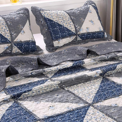 Patchwork Quilt Set King Size Quilted Bedspread Coverlet Set 3-Piece Grey Lightweight Comforter Floral Reversible Stitched Quilt Bedding Set Bed Cover Blanket with 2 Pillow Shams for All Season