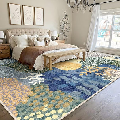 DEXDE Large Area Rugs 9x12 Living Room, Floral Washable Rug Boho Print Vintage Low Pile Non Slip Carpet for Bedroom Kids Room Nursery Office Dinning Room,Blue