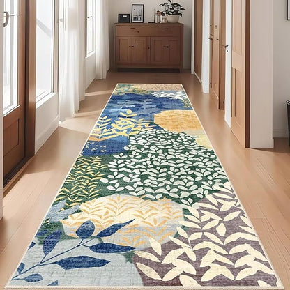 DEXDE Runner Rug 2x8 Washable Hallway Boho Soft Area Rugs Abstract Long Non Slip Leaves Floral Vintage Floor Carpet for Entryway Kitchen Laundry Bathroom Bedroom,Blue