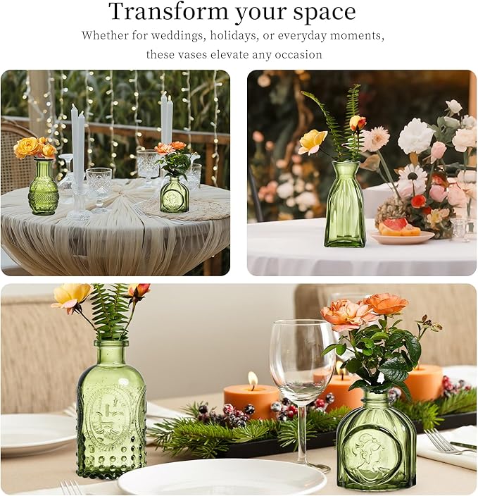 Glass Bud Vases Set of 32 - Green Assorted Small Mini Glass Vases for Flowers, Crystal Vintage Vase Set, Bulk Centerpieces for Table Décor, Wedding, Home and Events (Green, 32 Pcs)