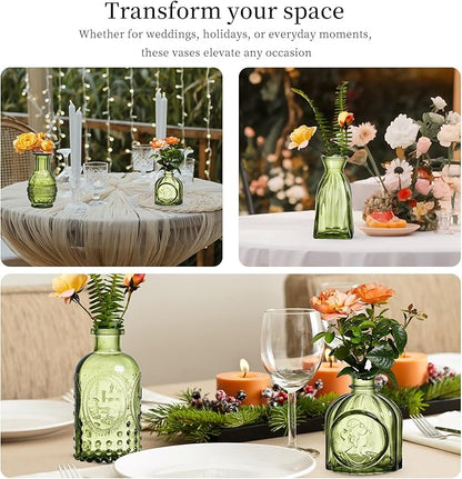 Glass Bud Vases Set of 16 - Green Assorted Small Mini Glass Vases for Flowers, Crystal Vintage Vase Set, Bulk Centerpieces for Table Décor, Wedding, Home and Events (Green, 16 Pcs)