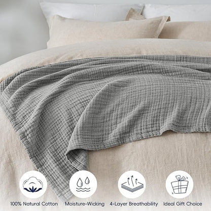 PHF 100% Cotton Muslin Blanket Twin XL Size 66"x90", 4-Layer Lightweight Gauze Throw, Breathable Cloud-Soft Minimalist Blanket for Bed, Couch, Camping & Baby, Grey, Ideal Gift