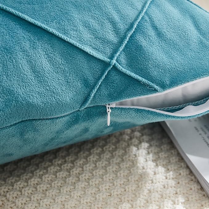 JAUXIO Diamond Pinch Pleated Crystal Velvet Pillowcases 2 Pack Solid Pintuck Throw Cushion Cover for Home Decor Hidden Zipper Closure (Teal Blue, Standard)