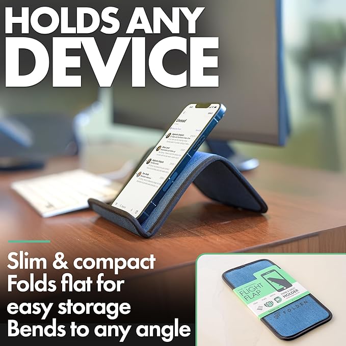 Folden Airplane Phone Holder, Flexible Cell Phone Holder, Folding Cellphone Stand for Desk, Bed, Office, Treadmill - Airplane Gadgets for Long Travel Accessories - Plane Essentials (Blue Denim)