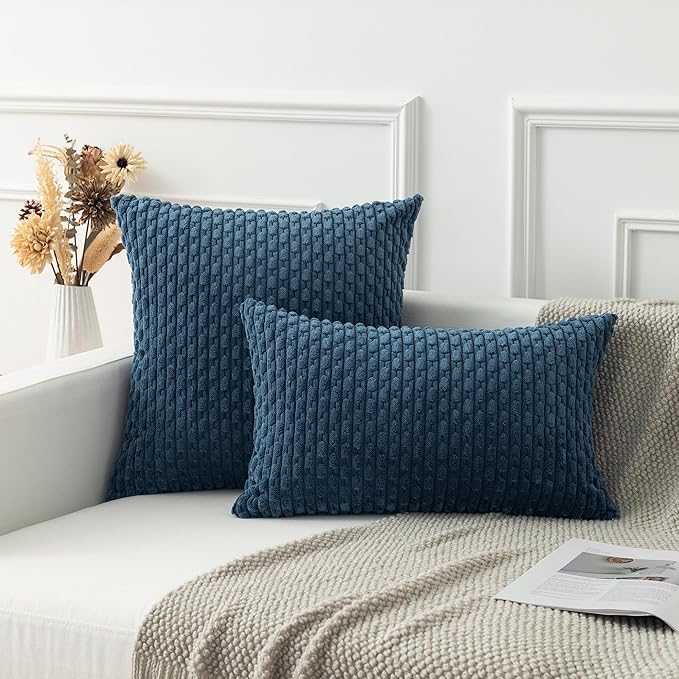 Kevin Textile Euro Sham Pillow Covers 28x28 Inch 2 Packs Soft Boho Striped Corduroy Decorative Throw Pillows for Living Room Couch Bed Sofa Rustic Farmhouse Home Decor 71x71cm Blue
