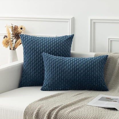 Kevin Textile Euro Sham Pillow Covers 28x28 Inch 2 Packs Soft Boho Striped Corduroy Decorative Throw Pillows for Living Room Couch Bed Sofa Rustic Farmhouse Home Decor 71x71cm Blue