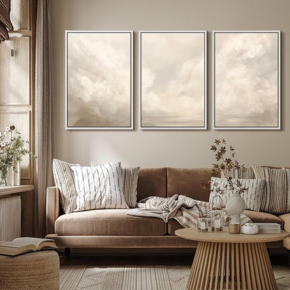 MUDECOR Framed Wall Art Print Set Neutral Cloudscape Soft Beige Abstract Sky Illustrations Modern Art Boho Decorative Colorful Chic for Living Room, Bedroom, Office - 16"x24"x3 White