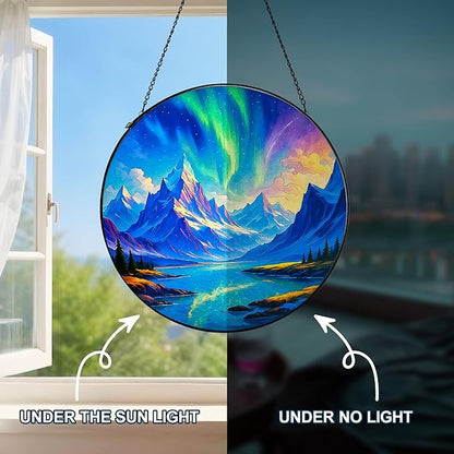 Stained Glass Window Hanging,Winter Aurora Sun Catchers Stained Glass Panels for Indoor Windows Wall Art Decor, Birthday Gift for Mom Women Wife Men Lovers (7.87inch)