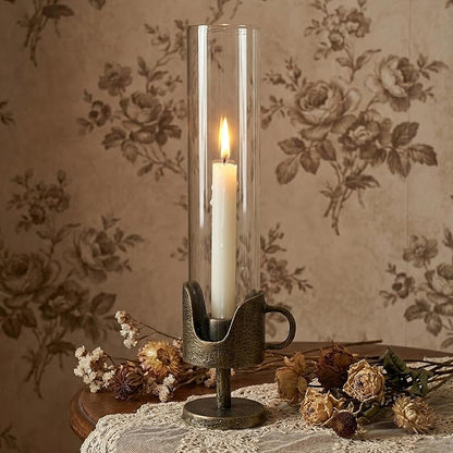 Handcrafted Cast Iron Base Hurricane Candle Holder with Glass Shade - Elegant Vintage Candle Stand for Taper Candles - Perfect for Living Room, Dining Room, and Home Décor 14“ High