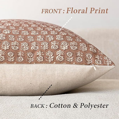 Foindtower Set of 2 Decorative Vintage Floral Print Throw Pillow Covers Neutral Farmhouse Cushion Covers Boho Home Decor for Sofa Couch Chair Bedroom Living Room,20×20 Inch,Light Orange Brown