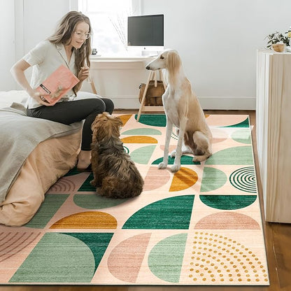 MUJOO Green Rug Boho Washable,4x6.5 Area Rugs for Bedroom Entryway Living Room Bedside,Small Throw Floor Carpet Non Slip Soft Indoor Modern Abstract Sage Green