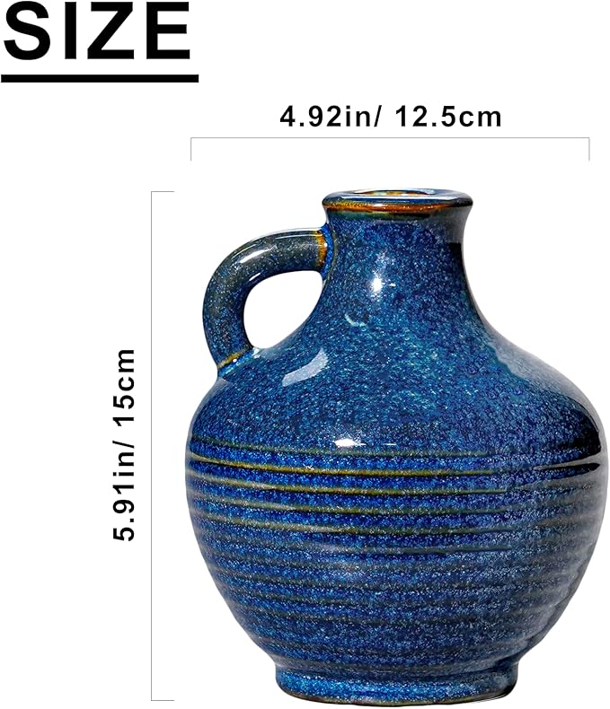 Sunddo 6 Inch Blue Ceramic Vase - Small Rustic Vases for Home Decor, Pitcher Modern Flower Vase for Bookshelf and Bathroom Decor, Nightstand, Dining, Centerpiece Table Decorations