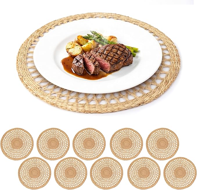 15" Round Seagrass Placemats – Set of 10 | Boho Rattan Woven Table Mats, Farmhouse Plate Chargers for Spring, Weddings, Parties & Christmas Décor | Natural Water Hyacinth & Corn Husk Style