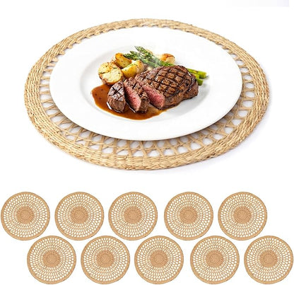 15" Round Seagrass Placemats – Set of 10 | Boho Rattan Woven Table Mats, Farmhouse Plate Chargers for Spring, Weddings, Parties & Christmas Décor | Natural Water Hyacinth & Corn Husk Style