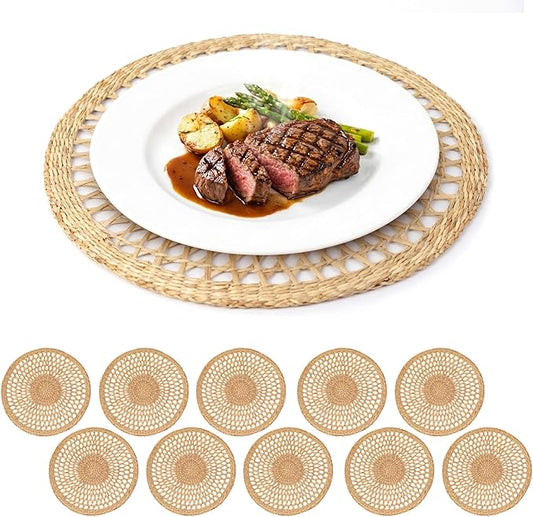 15" Round Seagrass Placemats – Set of 10 | Boho Rattan Woven Table Mats, Farmhouse Plate Chargers for Spring, Weddings, Parties & Christmas Décor | Natural Water Hyacinth & Corn Husk Style