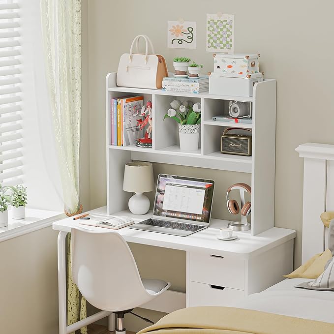 SUPER DEAL Desktop Bookshelf, Countertop Storage Hutch with 4 Shelves for Computer Desk, 2-Tier Display Rack, Multipurpose Wood Desk Hutch Storage Organizer for Home Office Dorm, White