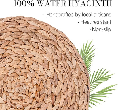 13.8" Set of 10 Round Water Hyacinth Placemats | Boho Woven Rattan Table Mats | Farmhouse Wicker Spring Plate Chargers Like Corn Husk, Seagrass for Wedding, Party, Christmas, Events