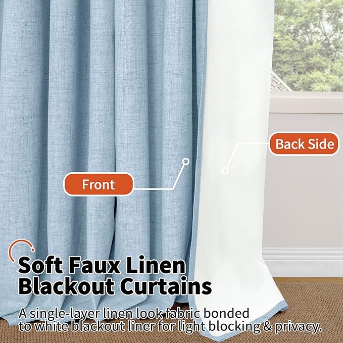 Lajode Baby Blue Linen Blackout Curtains for Nursery 45 Inch Length 2 Panels, Short Thermal Insulated Boho Total Black Out Noise Reducing Small Window Curtains for Kids Bedroom, Each 38 Inch Wide