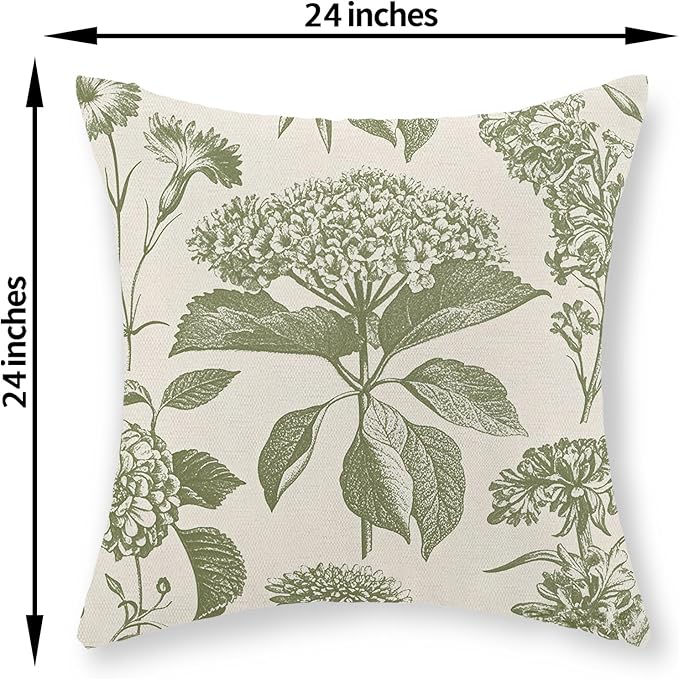 Sage Green Pillow Covers 24x24 Set of 2 Boho Floral Hydrangea Herbs Botanical Throw Pillow Cover Outdoor Decoration Pillow Cases Vintage Flower Linen Cushion Case Decorative for Couch Sofa