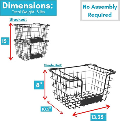BIRDROCK HOME Stacking Wire Market Baskets with Chalk Label | Set of 2 | Fruit Vegetable Produce Metal Storage Bin for Kitchen Counter | Black