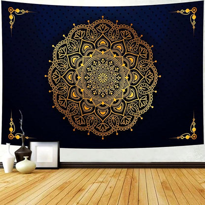Delur Mandala Tapestry Aesthetic Boho Gold Floral Medallion Tapestry Wall Hanging Bohemian Wall Art Indian Hippie Psychedelic Headboard for Bedroom Living Room Home Decor (59.1" x 78.7")