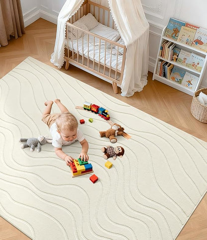 YIHOUSE 8x10 Abstract Line Area Rug, Modern Washable Stain Resistant Rugs Non Slip, Soft Indoor Large Floor Carpet for Living Room, Bedroom,Dining Room, White