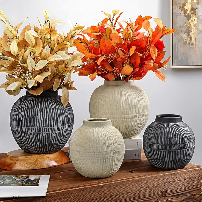 9" Large Ceramic Vase with Wide Mouth, Rustic Vase for Entryway, Living Room & Abundant Blooms Decor, Big & Round Design, Chunky & Dark Gray