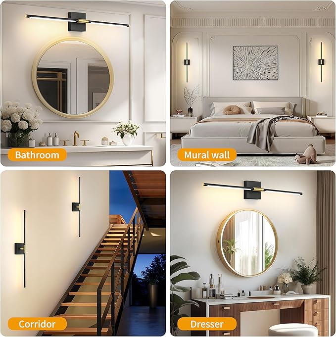 30 Inch Battery Operated Wall Sconces Set of Two, Dimmable Wall Sconces with Remote Control, Black Gold Rechargeable Sconces, LED Wireless Wall Lights for Bedroom, Living Room, Bathroom