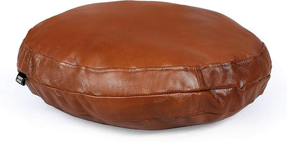 D DOLLY LAMB Lambskin Round Leather Pillow Cover - Sofa Cushion Case - Decorative Circular Cushion Throw Covers for Living Room & Bedroom - Tan Diameter 14 Inch